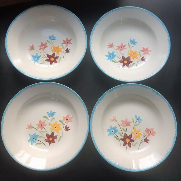 4 Bowls Made in France Salins Avril Hand Painted Folk Art Farmhouse Cottage Blue - Picture 1 of 7